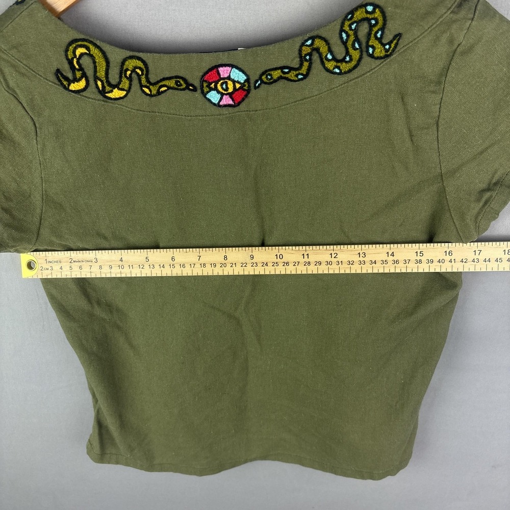 Amor & Rosas Cropped Womens XS Shirt Linen Blend Embroidered Snake Boho Mexico - Picture 5 of 6